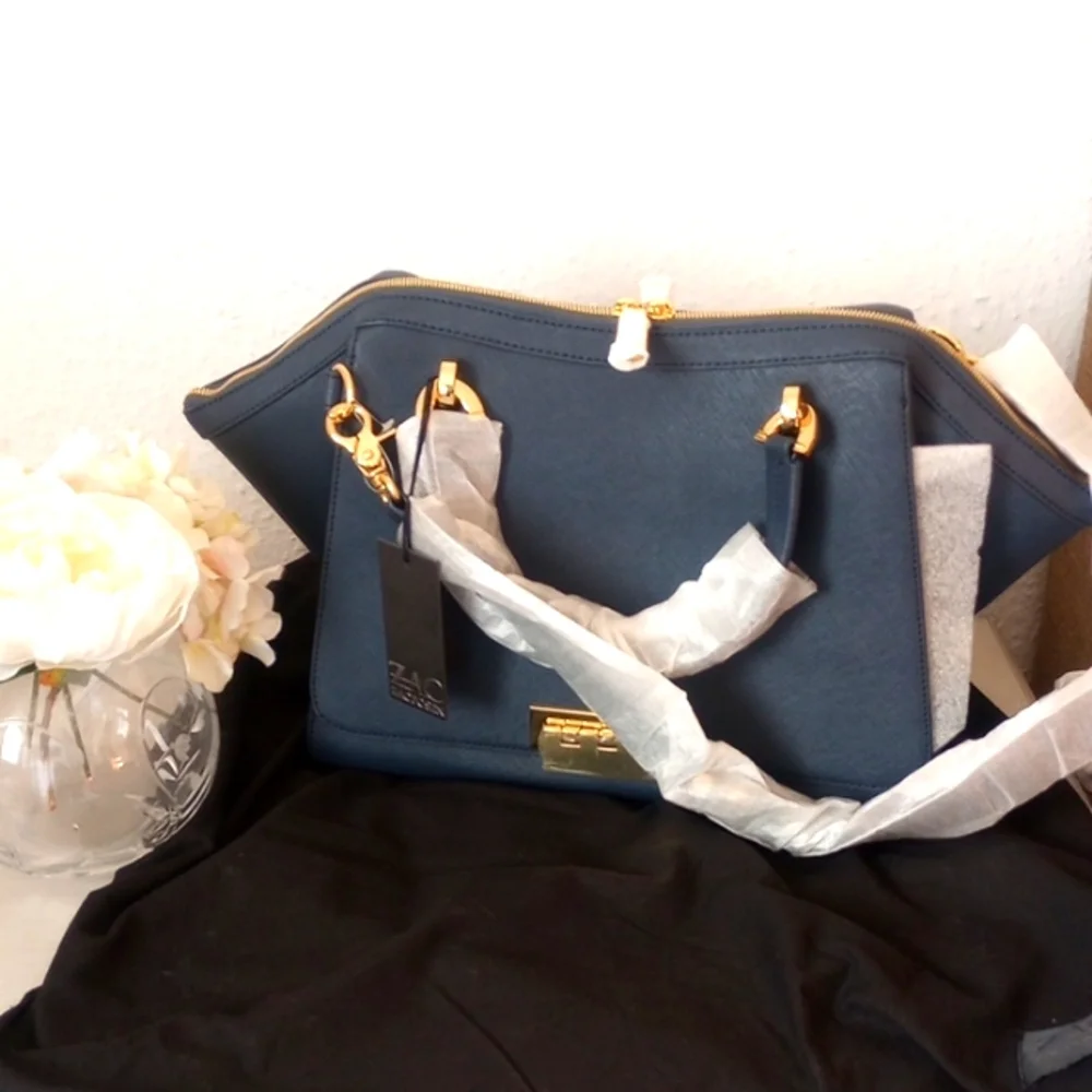 NWT ZAC Posen Large Leather Iconic Eartha In Navy Blue Crossbody Top Handle